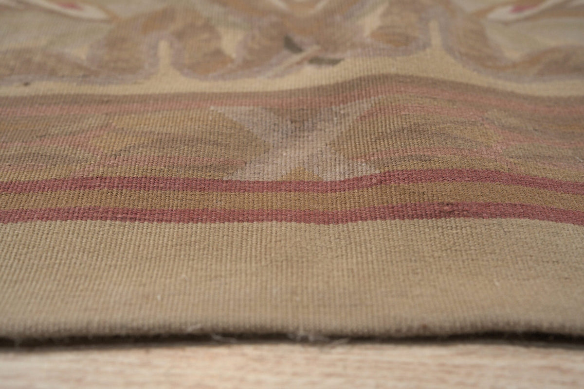 Vintage Aubusson Flat Weave Wool Rug, Beige Rose Bouquet