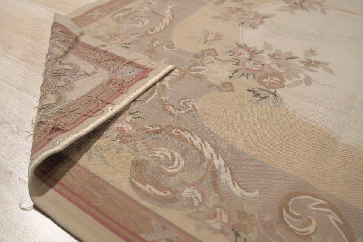 Vintage Aubusson Flat Weave Wool Rug, Beige Rose Bouquet