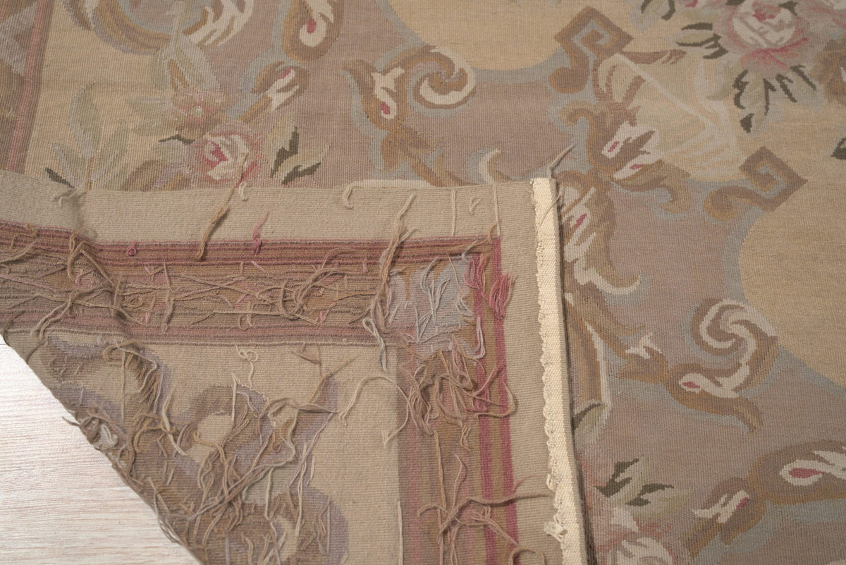Vintage Aubusson Flat Weave Wool Rug, Beige Rose Bouquet