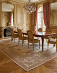 Vintage Aubusson Flat Weave Rug, Beige Rose Bouquet styled in a dining room