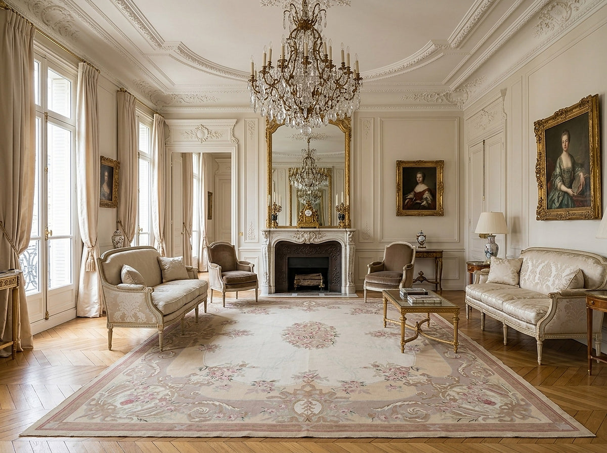 Vintage Aubusson Flat Weave Rug, Beige Rose Bouquet styled in a living room