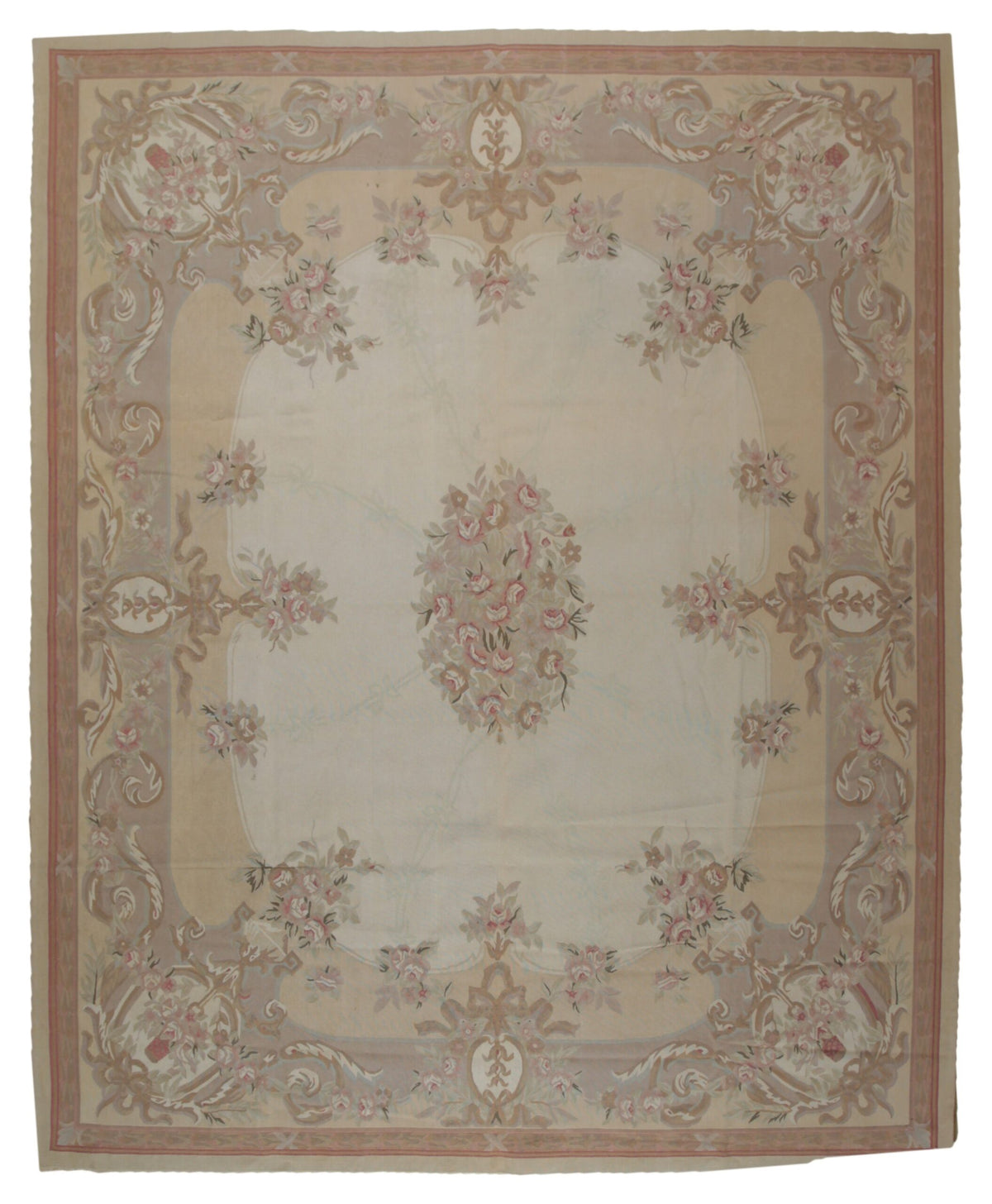 Vintage Aubusson Flat Weave Wool Rug, Beige Rose Bouquet