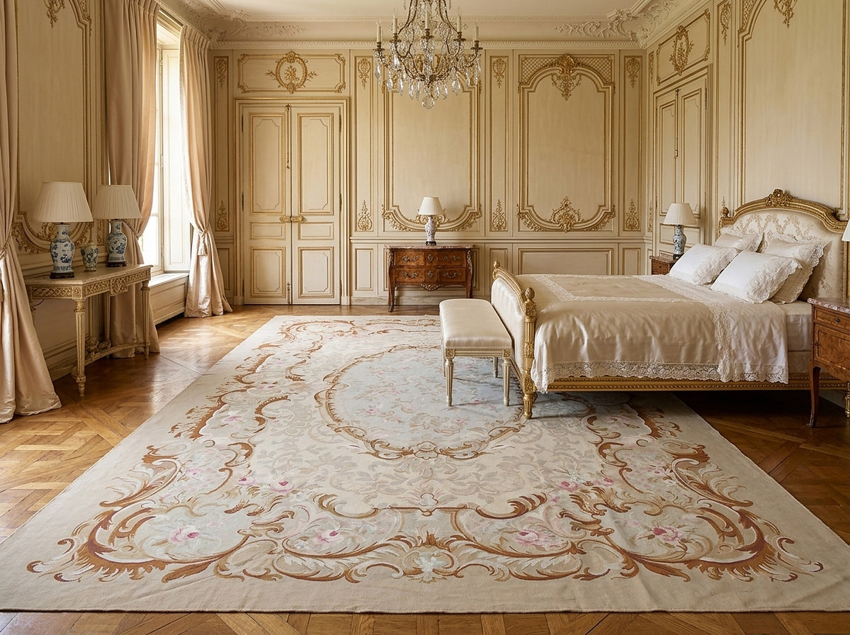 Vintage Aubusson flat weave rug styled in a bedroom