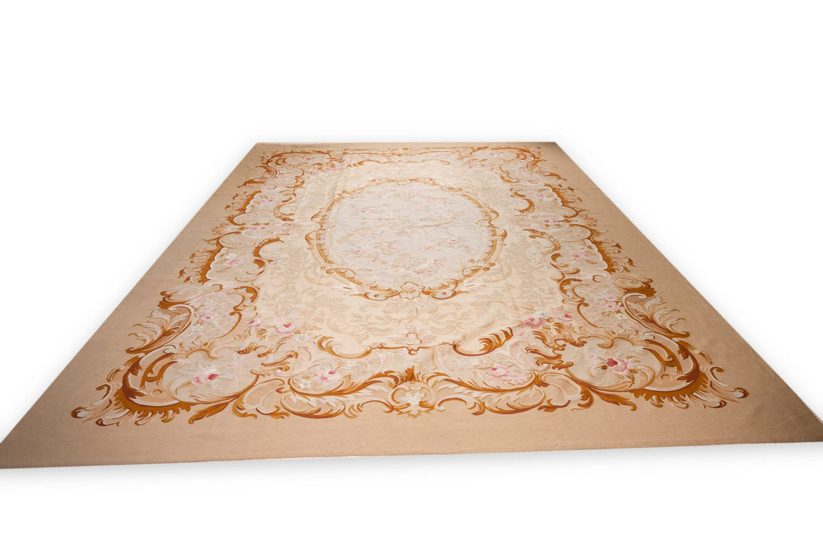 Vintage Aubusson Flat Weave Rug, Beige Rose Medallion