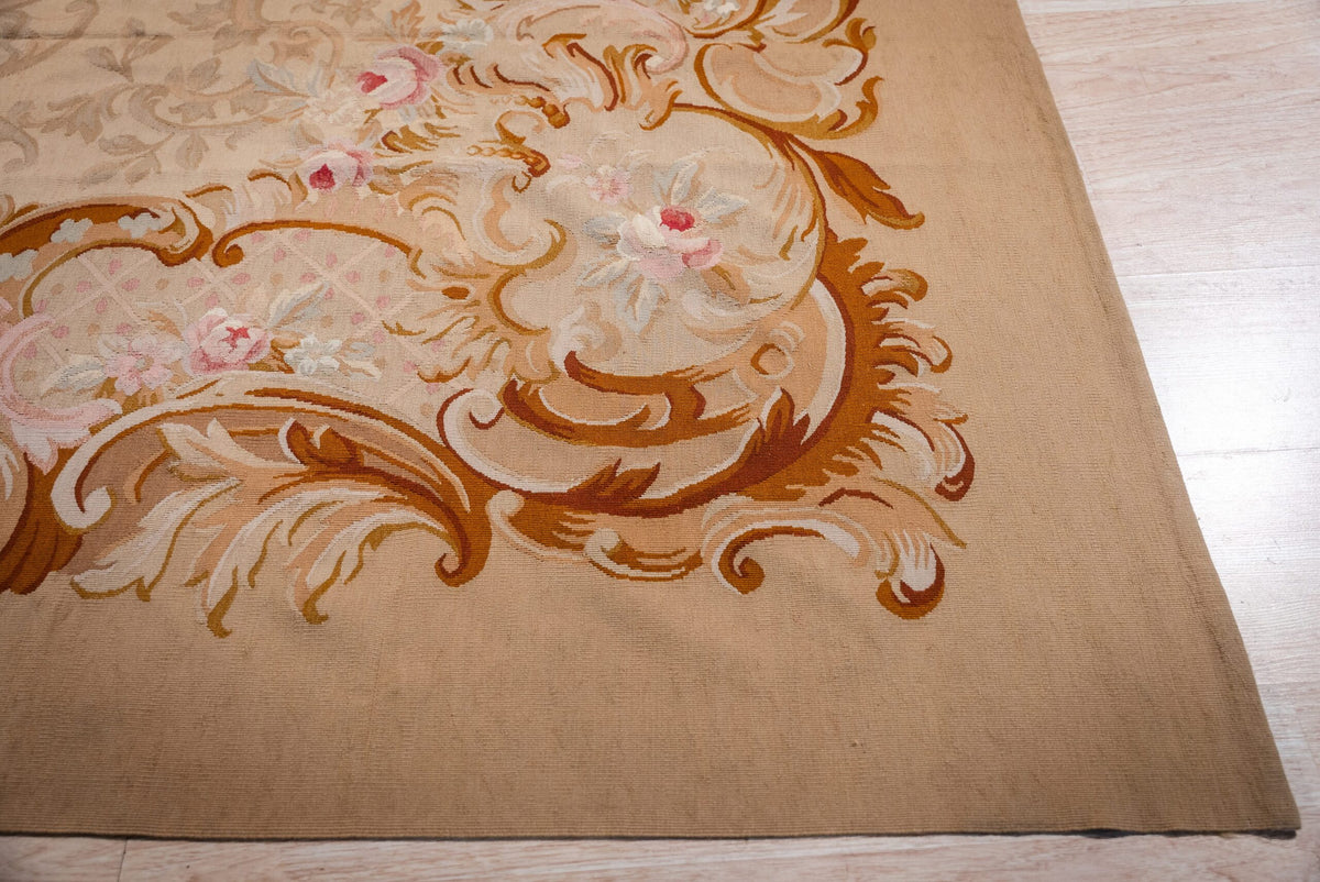 Vintage Aubusson Flat Weave Rug, Beige Rose Medallion