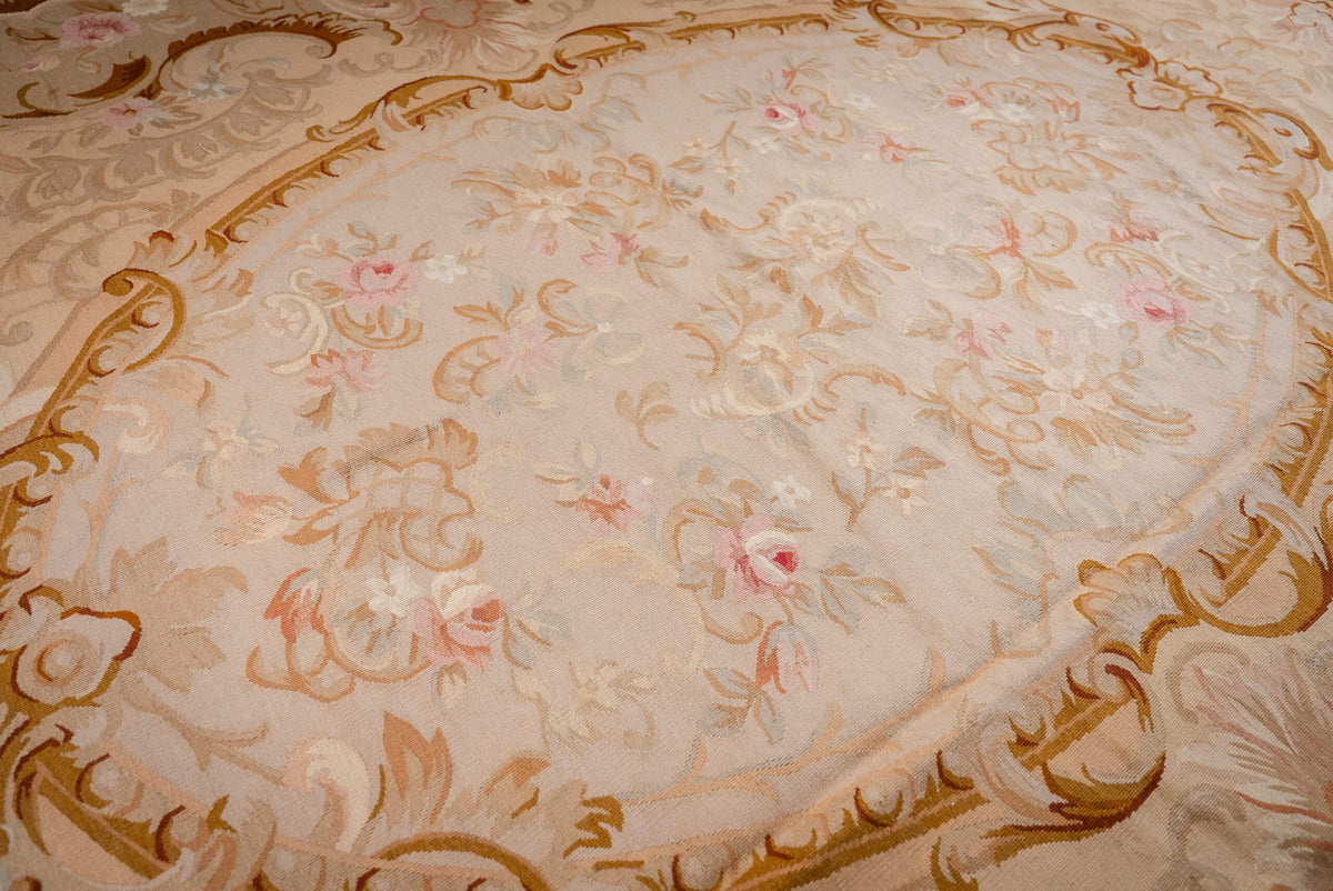 Vintage Aubusson Flat Weave Rug, Beige Rose Medallion