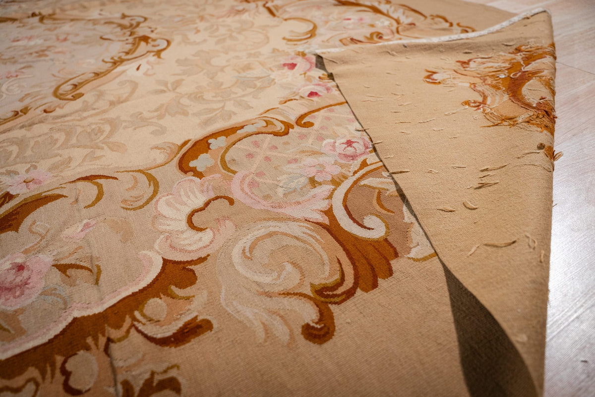 Vintage Aubusson Flat Weave Rug, Beige Rose Medallion