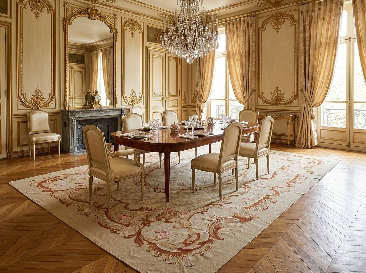 Vintage Aubusson flat weave rug styled in a dining room