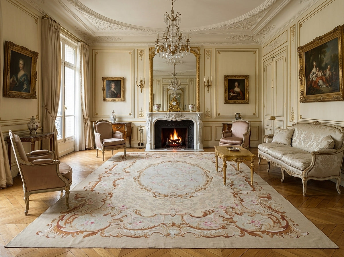 Vintage Aubusson flat weave rug styled in a living room