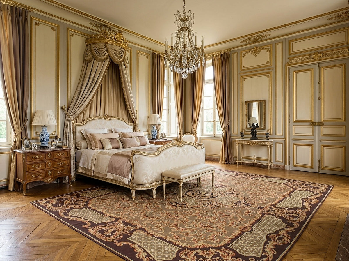 Vintage Aubusson flat weave rug styled in a bedroom