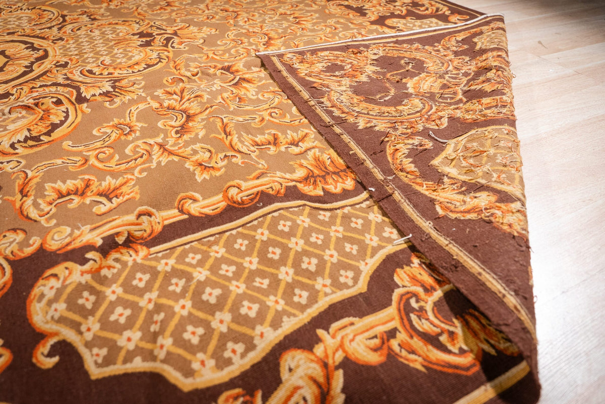 Vintage Aubusson Flat Weave Rug, Brown Baroque Medallion