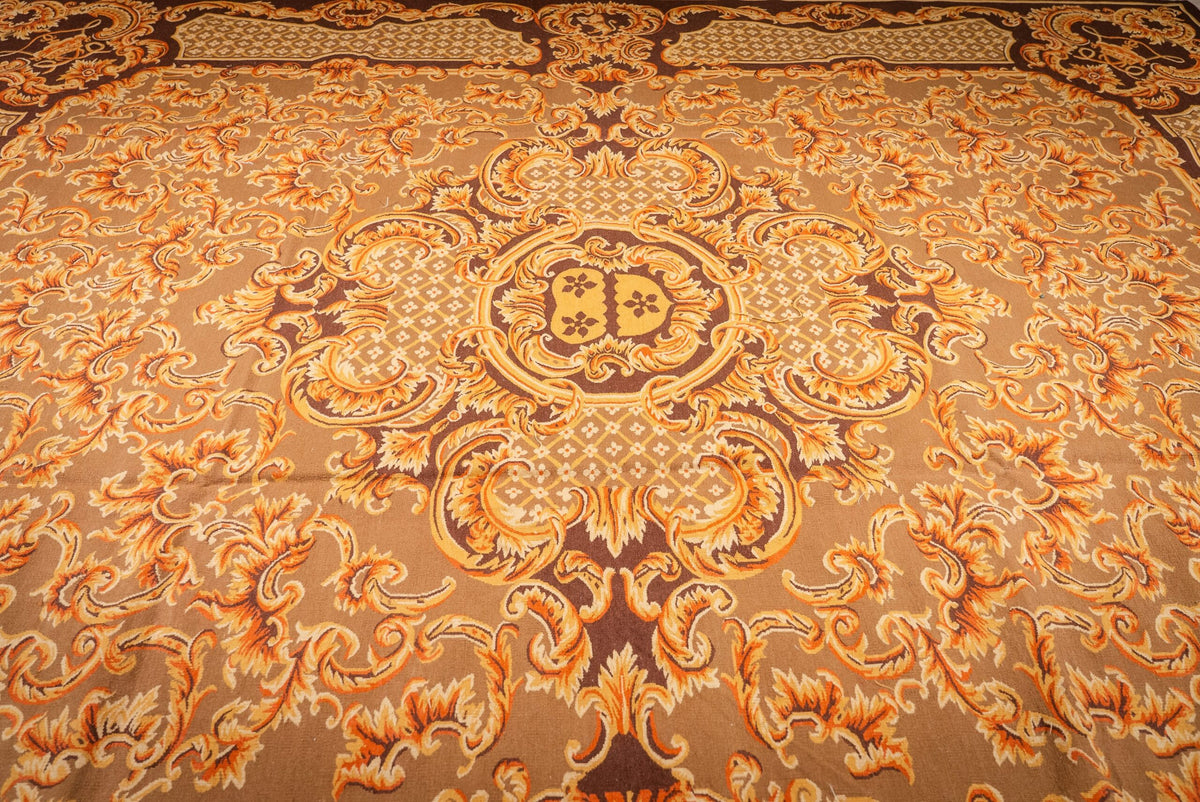 Vintage Aubusson Flat Weave Rug, Brown Baroque Medallion