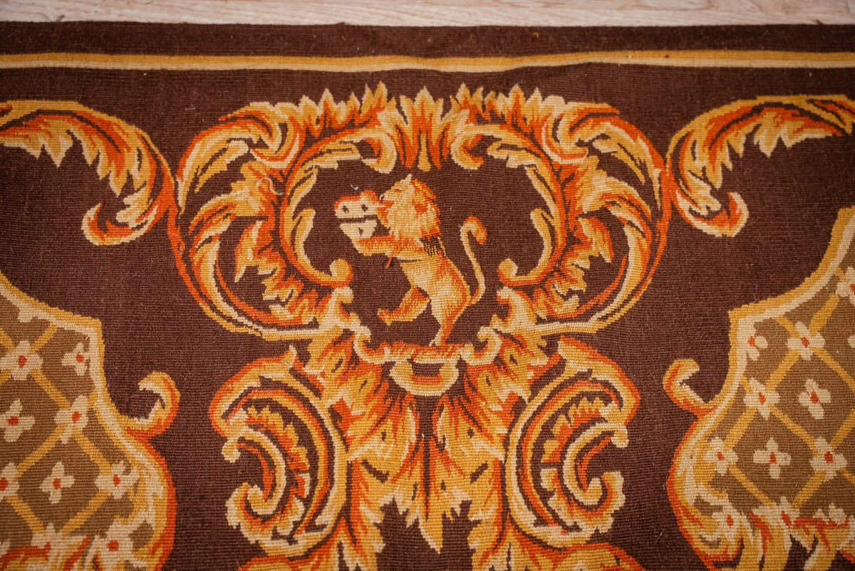 Vintage Aubusson Flat Weave Rug, Brown Baroque Medallion