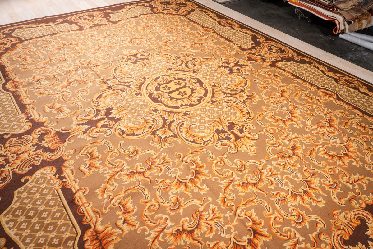 Vintage Aubusson Flat Weave Rug, Brown Baroque Medallion