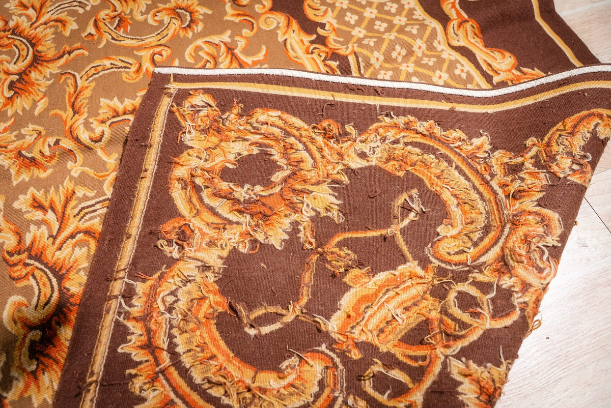 Vintage Aubusson Flat Weave Rug, Brown Baroque Medallion
