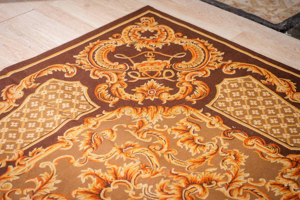 Vintage Aubusson Flat Weave Rug, Brown Baroque Medallion