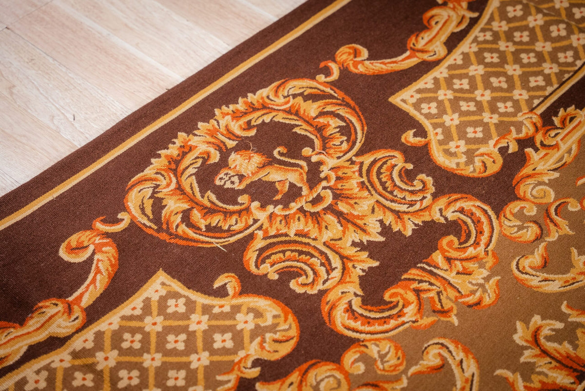Vintage Aubusson Flat Weave Rug, Brown Baroque Medallion
