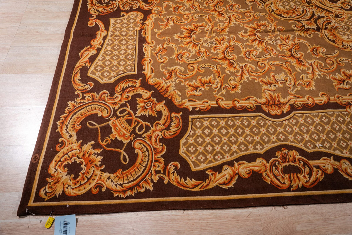 Vintage Aubusson Flat Weave Rug, Brown Baroque Medallion