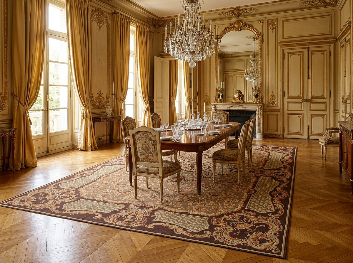 Vintage Aubusson flat weave rug styled in a dining room