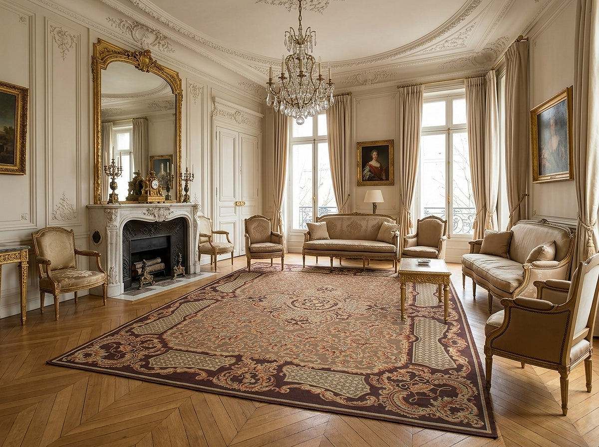 Vintage Aubusson flat weave rug styled in a living room