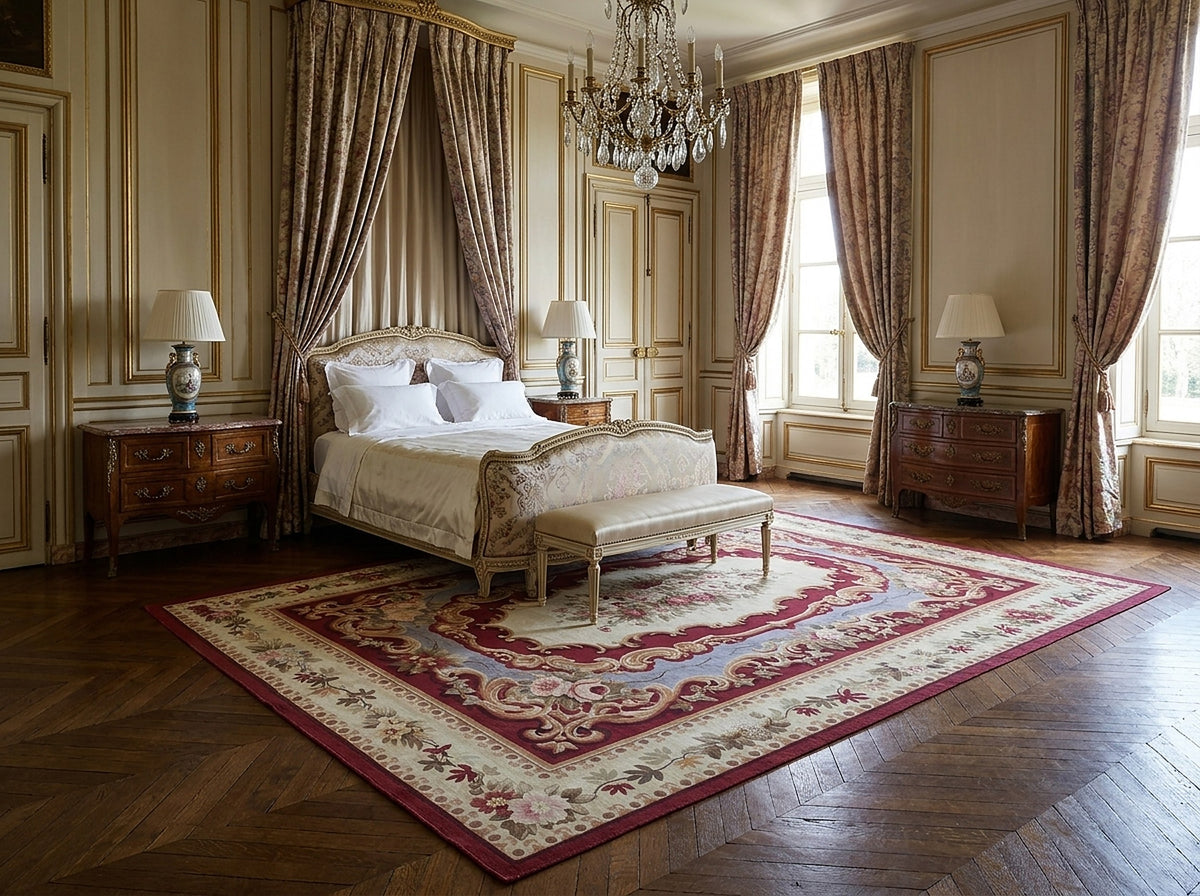 Vintage Aubusson Flat Weave Rug, Burgundy Rose Medallion styled in a bedroom