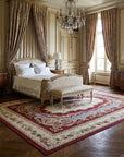 Vintage Aubusson Flat Weave Rug, Burgundy Rose Medallion styled in a bedroom