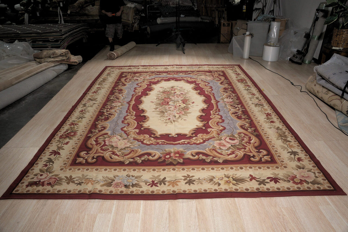 Vintage Aubusson Flat Weave Wool Rug, Burgundy Rose Medallion