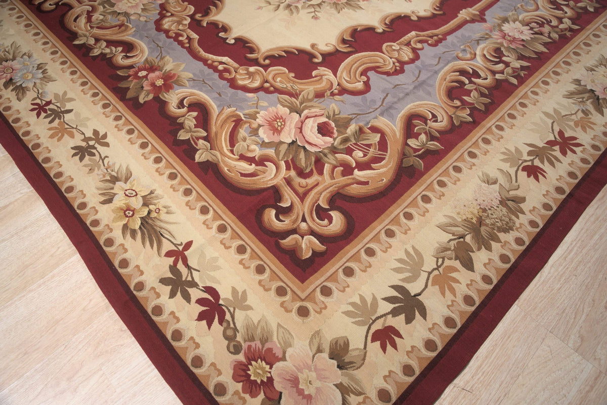 Vintage Aubusson Flat Weave Wool Rug, Burgundy Rose Medallion