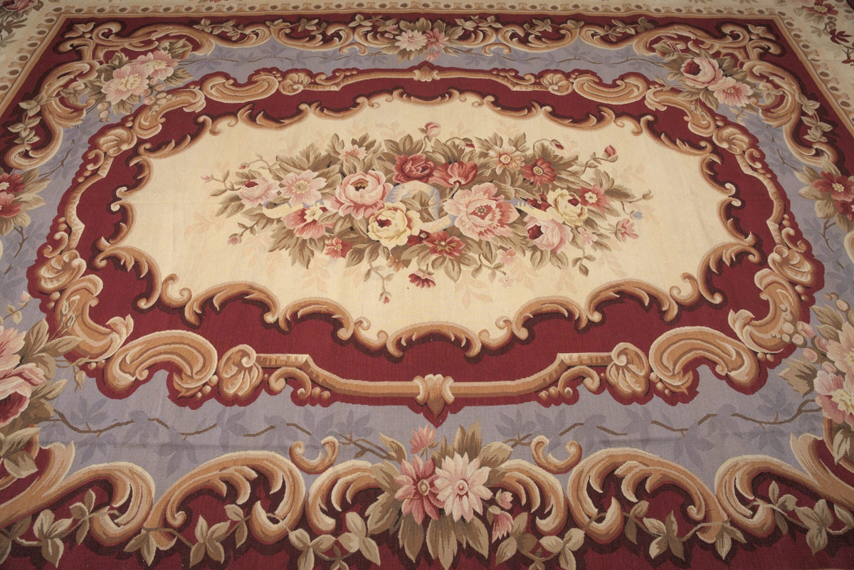 Vintage Aubusson Flat Weave Wool Rug, Burgundy Rose Medallion