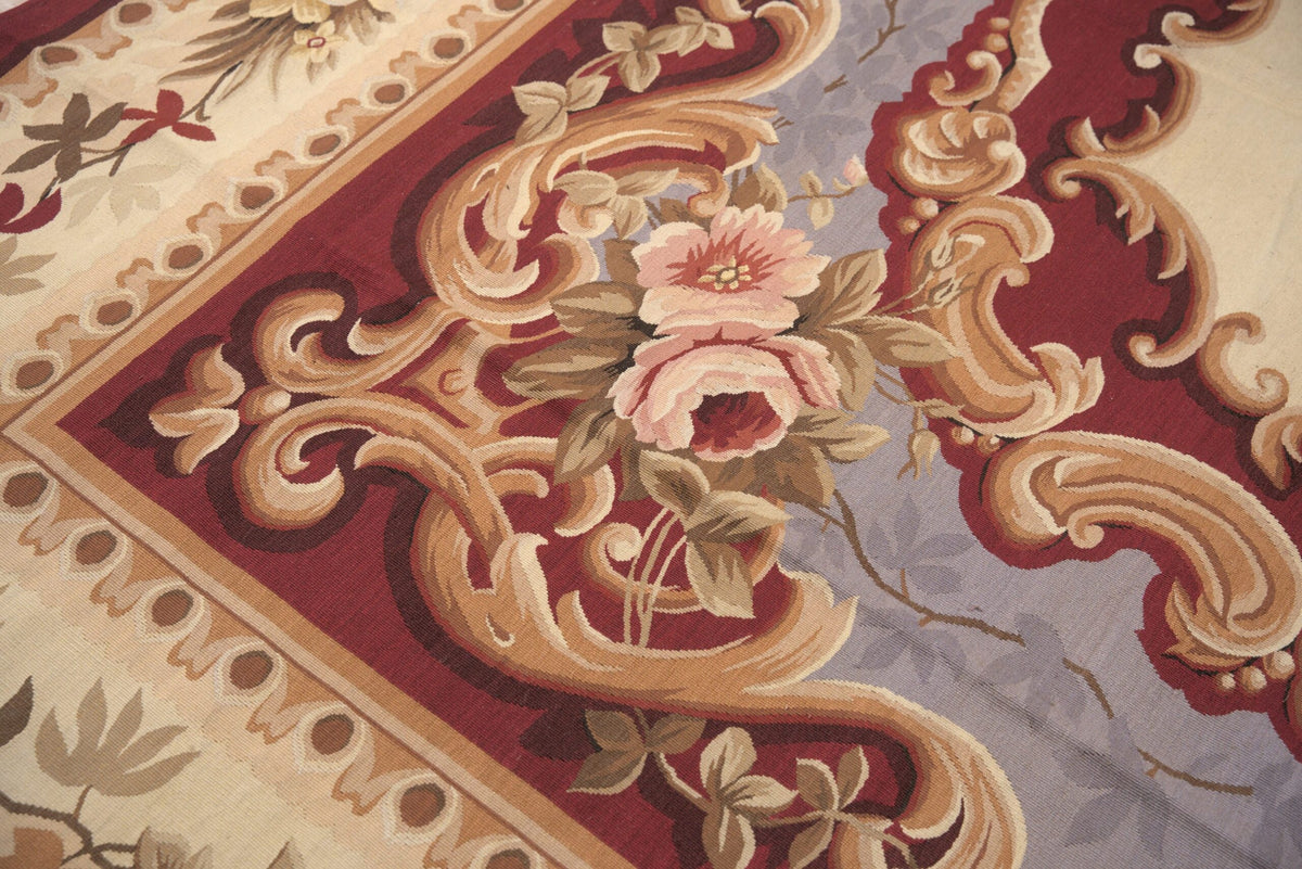 Vintage Aubusson Flat Weave Wool Rug, Burgundy Rose Medallion
