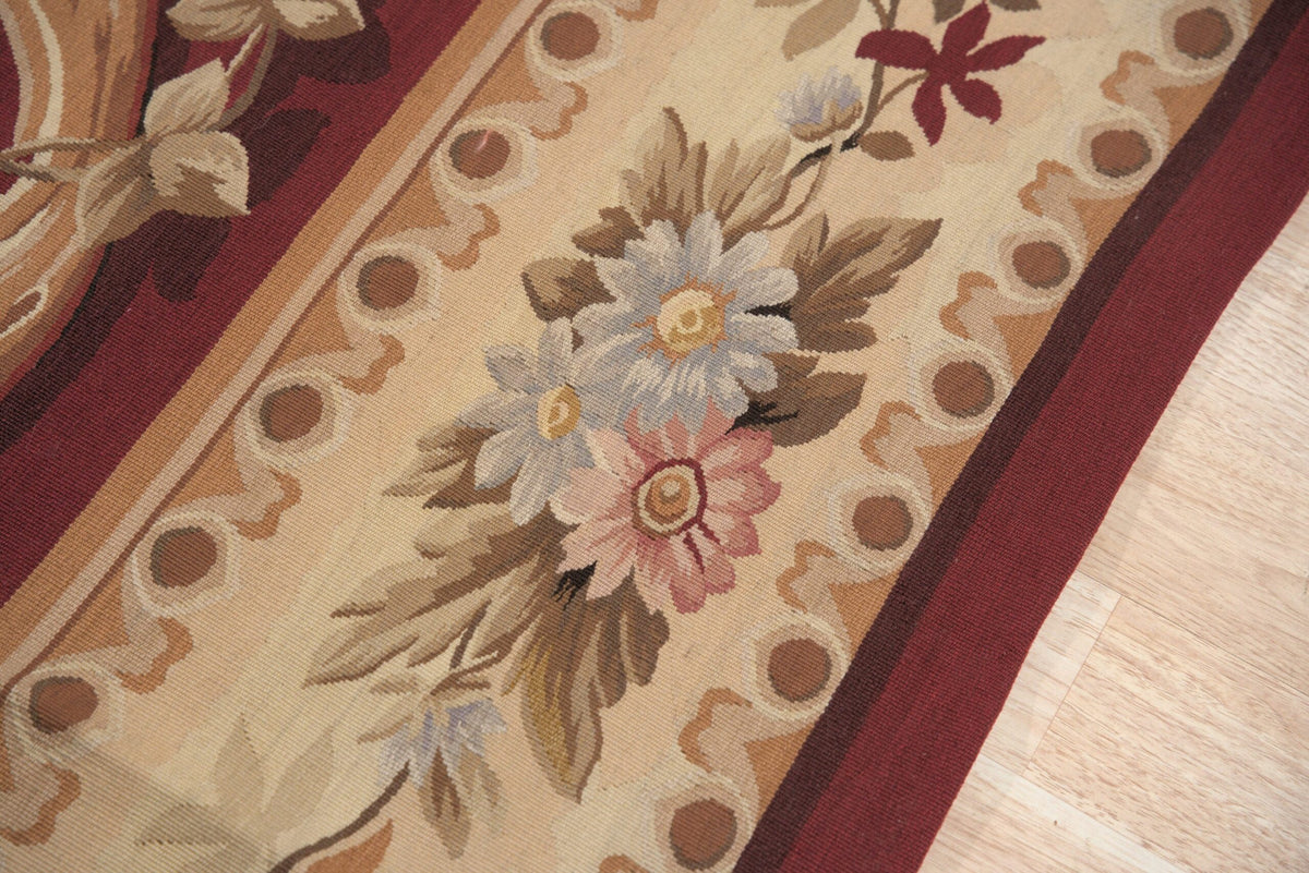 Vintage Aubusson Flat Weave Wool Rug, Burgundy Rose Medallion