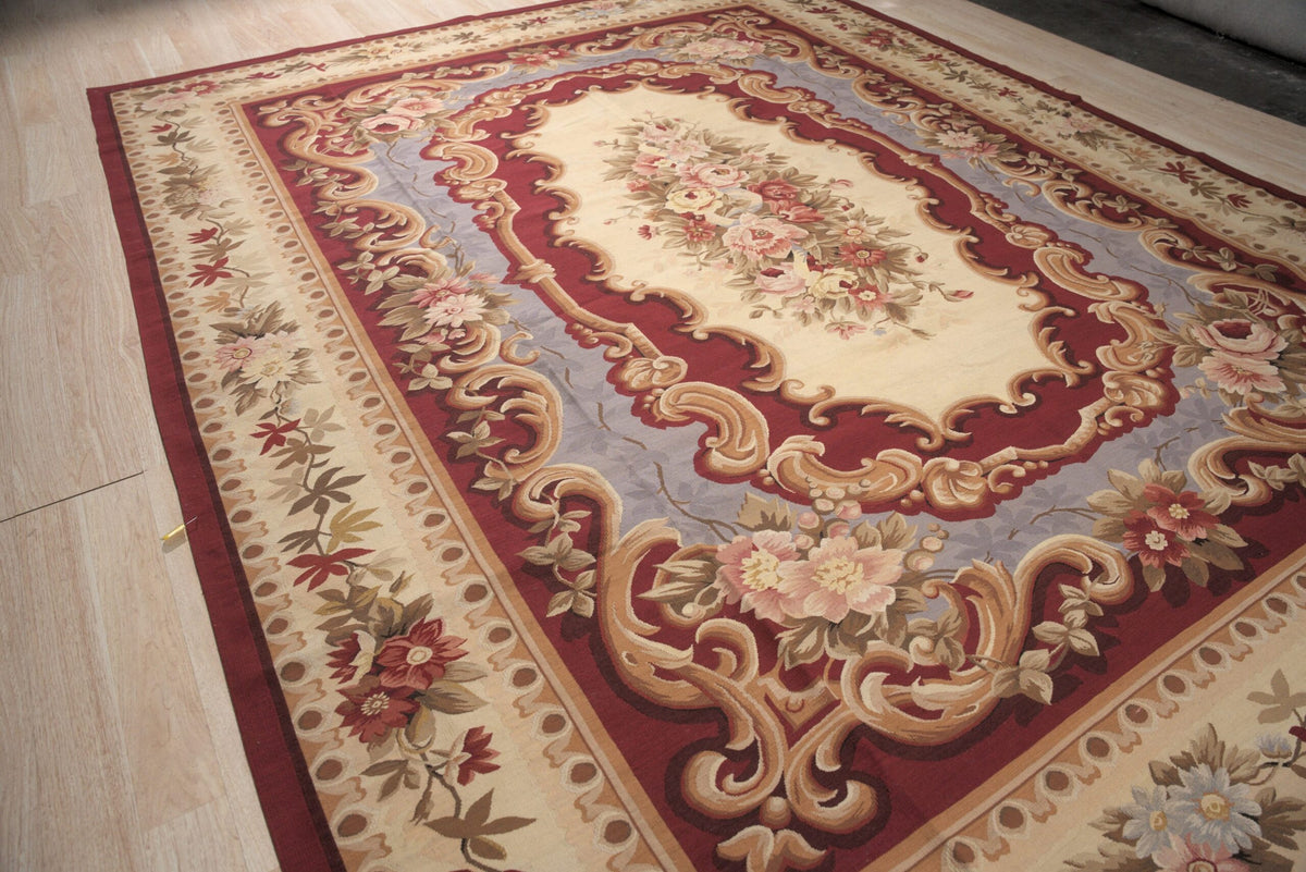 Vintage Aubusson Flat Weave Wool Rug, Burgundy Rose Medallion