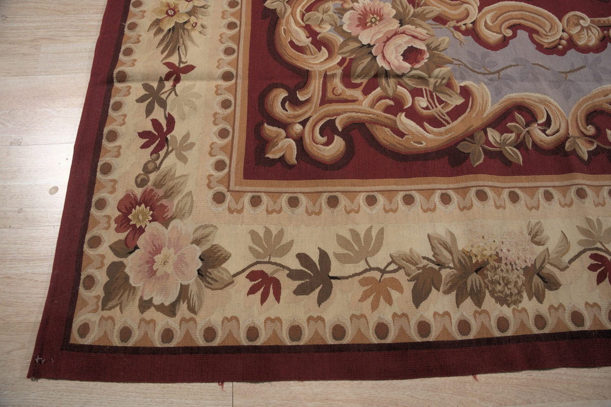 Vintage Aubusson Flat Weave Wool Rug, Burgundy Rose Medallion