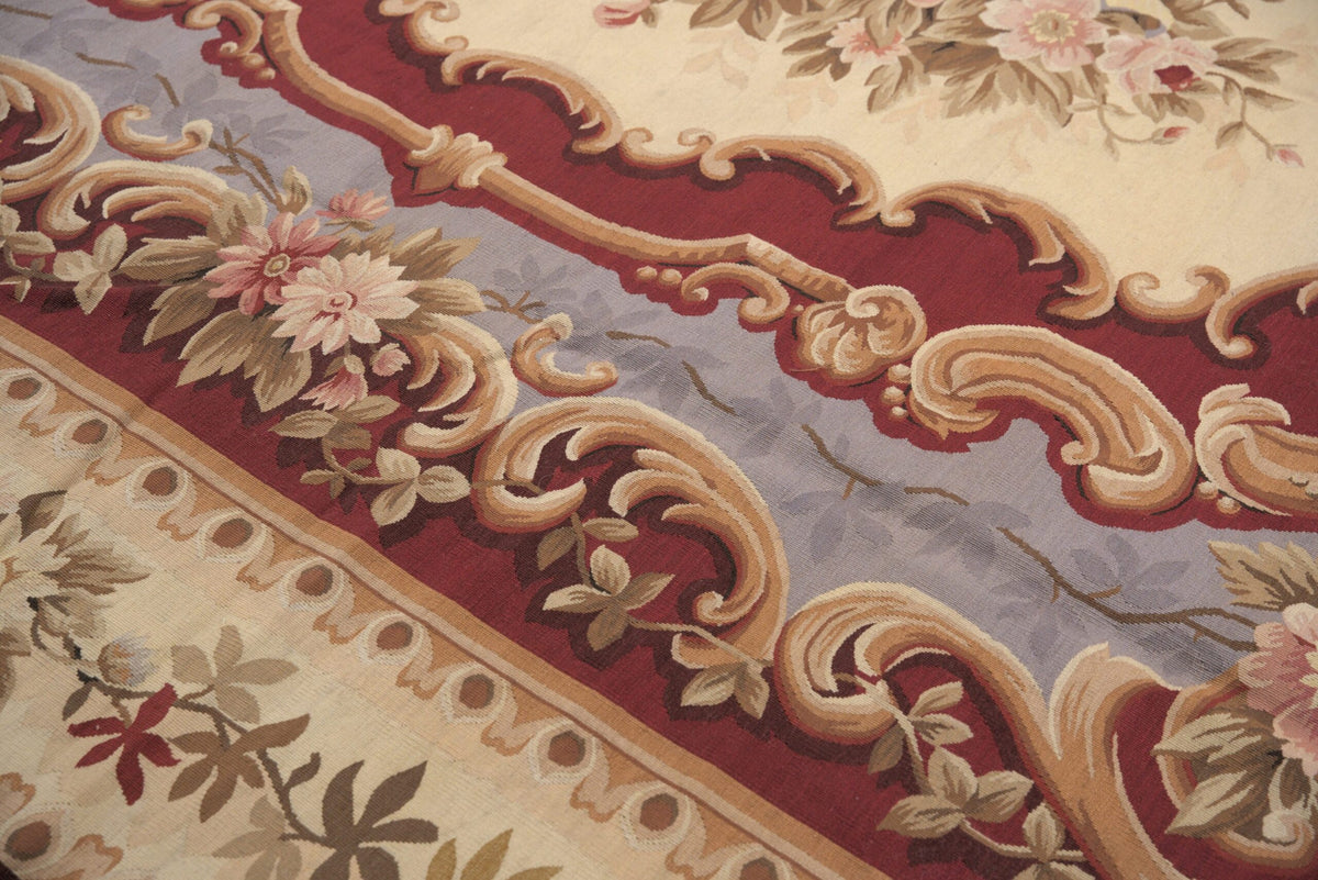 Vintage Aubusson Flat Weave Wool Rug, Burgundy Rose Medallion