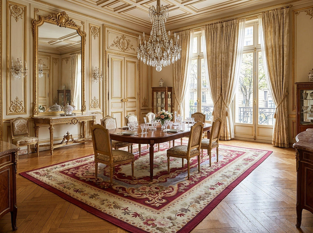 Vintage Aubusson Flat Weave Rug, Burgundy Rose Medallion styled in a dining room