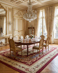 Vintage Aubusson Flat Weave Rug, Burgundy Rose Medallion styled in a dining room