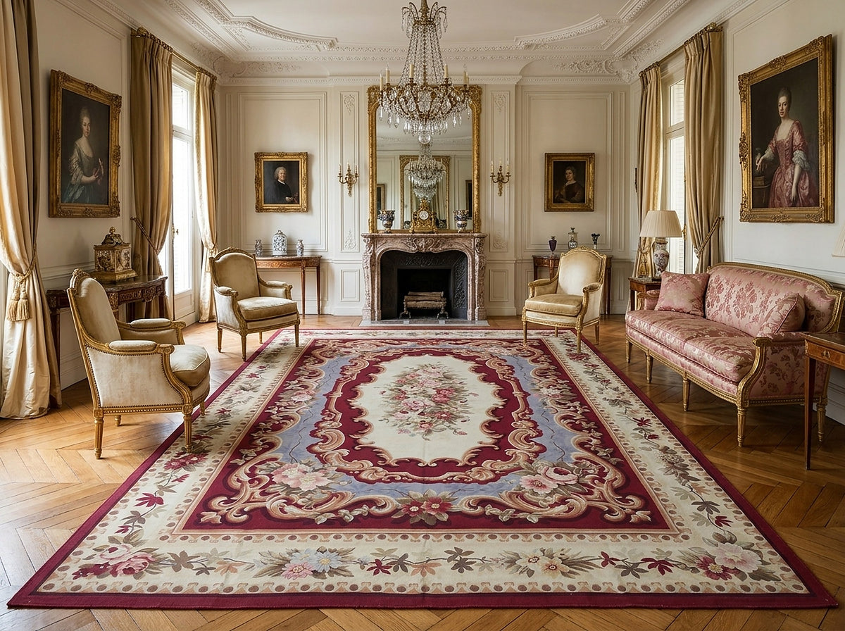 Vintage Aubusson Flat Weave Rug, Burgundy Rose Medallion styled in a living room