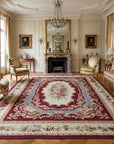 Vintage Aubusson Flat Weave Rug, Burgundy Rose Medallion styled in a living room