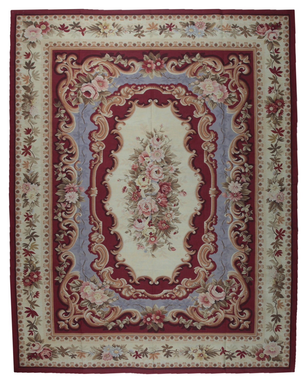 Vintage Aubusson Flat Weave Wool Rug, Burgundy Rose Medallion