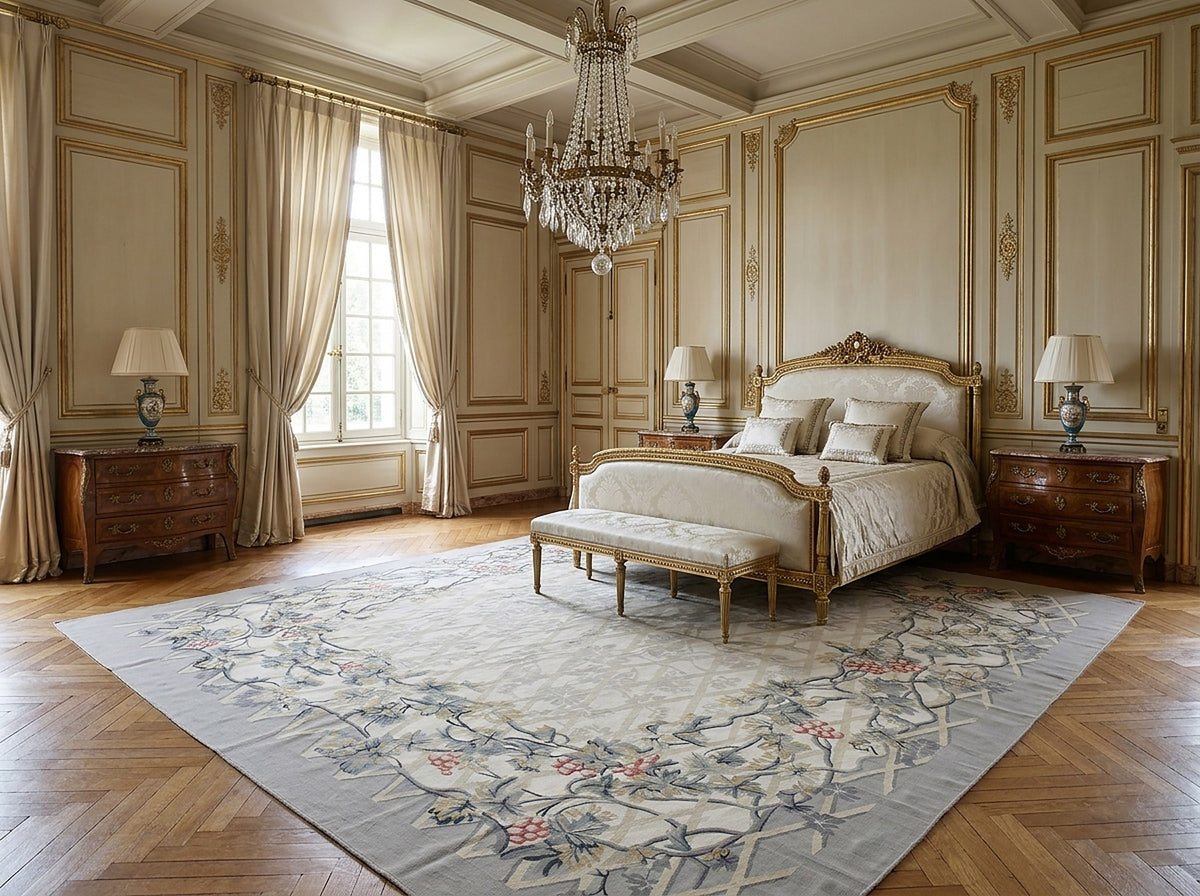 Vintage Aubusson Flat Weave Rug, Grey Grapevine Trellis styled in a bedroom