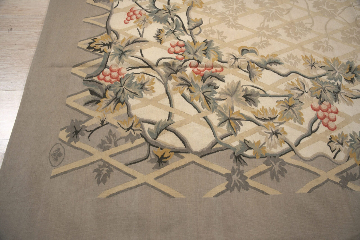 Vintage Aubusson Flat Weave Wool Rug, Grey Grapevine Trellis
