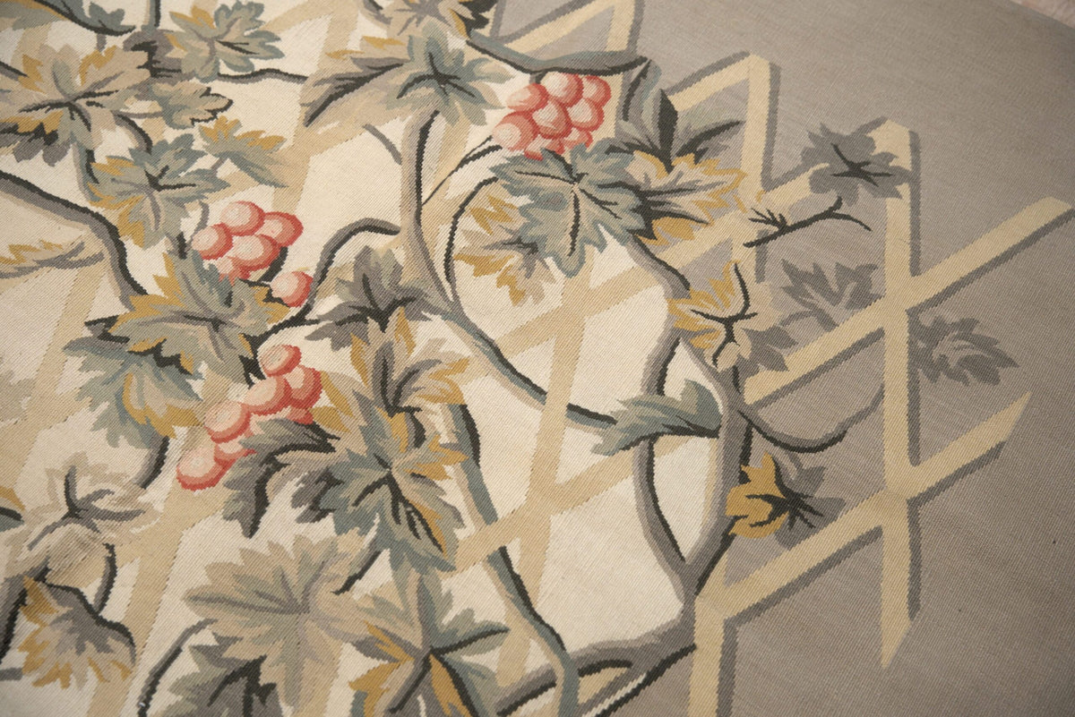 Vintage Aubusson Flat Weave Wool Rug, Grey Grapevine Trellis