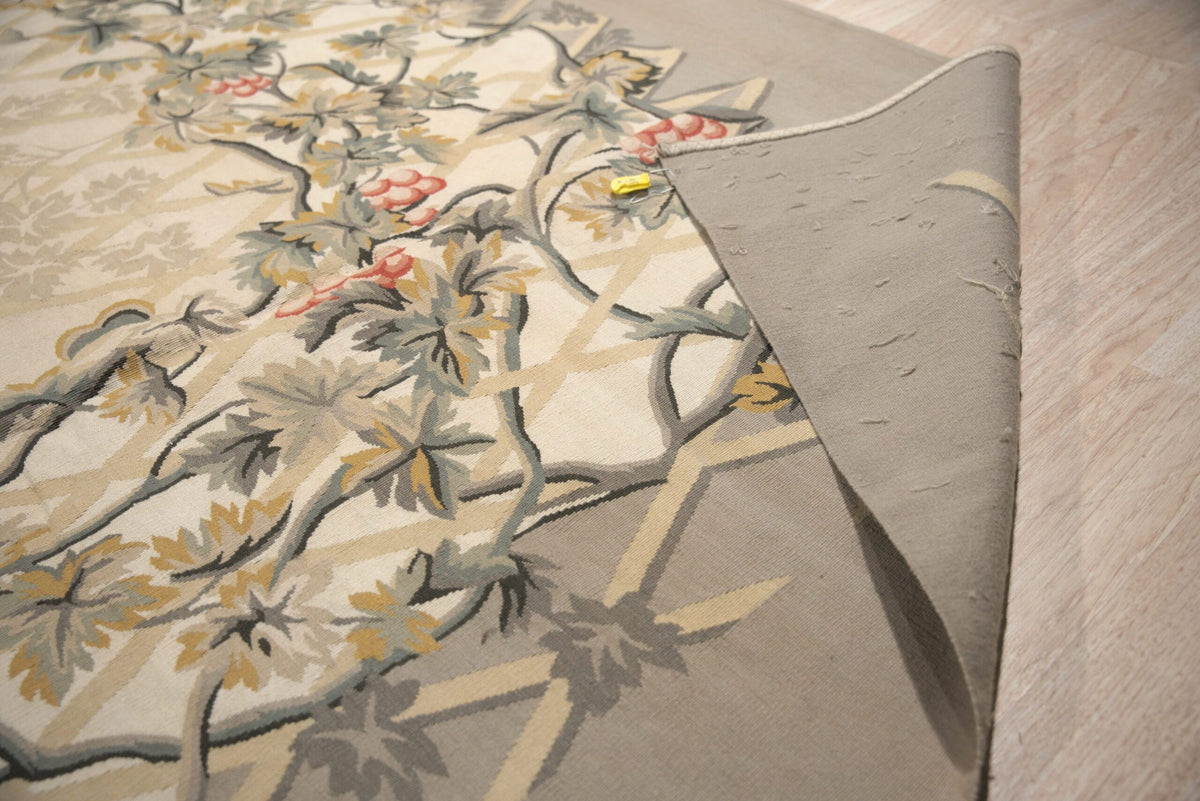 Vintage Aubusson Flat Weave Wool Rug, Grey Grapevine Trellis