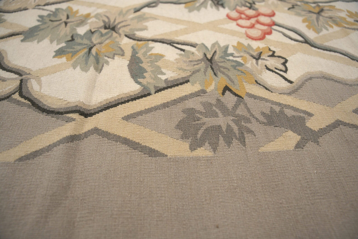 Vintage Aubusson Flat Weave Wool Rug, Grey Grapevine Trellis