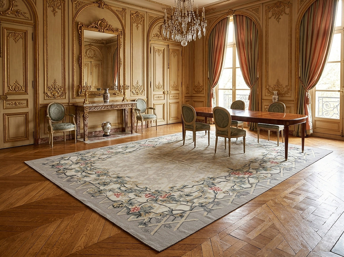 Vintage Aubusson Flat Weave Rug, Grey Grapevine Trellis styled in a dining room