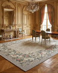 Vintage Aubusson Flat Weave Rug, Grey Grapevine Trellis styled in a dining room