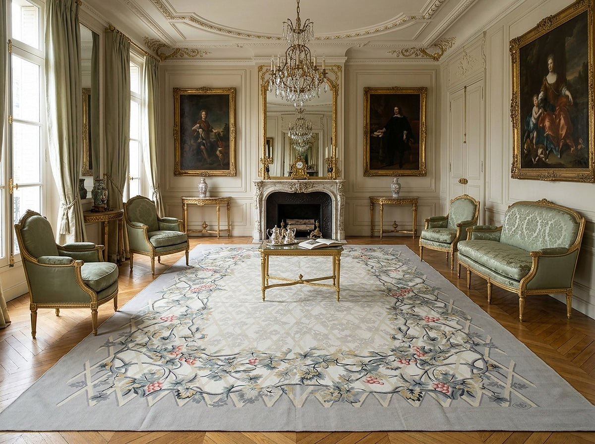 Vintage Aubusson Flat Weave Rug, Grey Grapevine Trellis styled in a living room