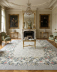 Vintage Aubusson Flat Weave Rug, Grey Grapevine Trellis styled in a living room
