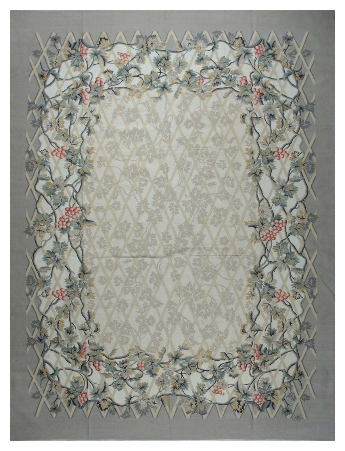 Vintage Aubusson Flat Weave Wool Rug, Grey Grapevine Trellis