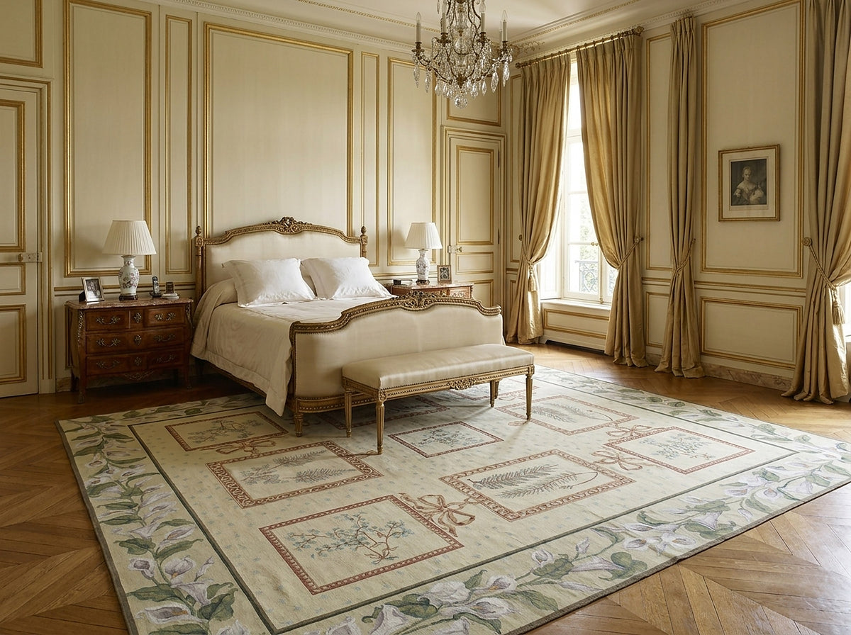 Vintage Aubusson flat weave rug styled in a bedroom